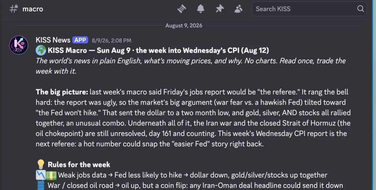The agent's weekly brief, built from the week's news: what is moving prices and why, in plain English. I read it before I look at a chart.